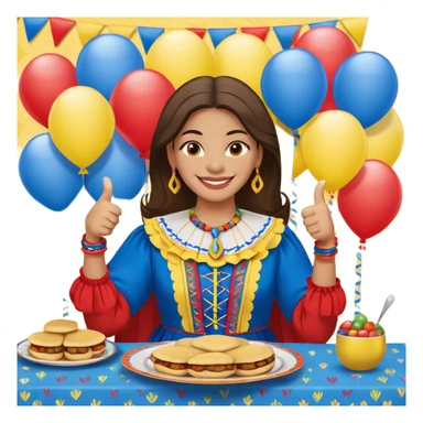 party table decorated with red blue and yellow colors, including backdrops, balloons, streamers and more, on the table are intricate displays of colombian arepas, and in the forefront a woman in traditional colombian dress with a smile and big thumbs up sticker
