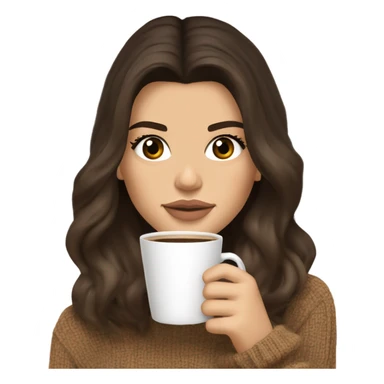brunette Kendall Jenner with soft and long and Dark blonde hair her eyes brown and sipping coffee Her hair is wavy and shiny With brown sweater just one  sticker