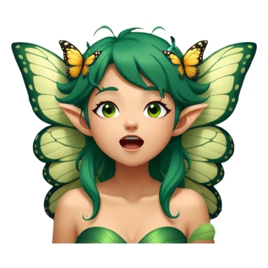 Cinematic Realistic Forest Fairy Portrait, head tilted slightly with a dramatic, wide-open yawn, revealing a tender, relaxed visage with finely detailed tanned skin and flowing, vine-adorned dark green hair gently framing her face. Her sleepy eyes exude a serene, dreamlike quality as soft natural sunlight filters through the canopy, showing her large butterfly wings from her back capturing the essence of a drowsy yet captivating forest drifting into peaceful slumber. sticker