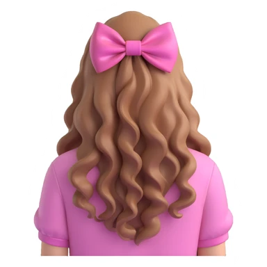 3D iOS emoji style of a girl with long wavy hair and a large pink bow, wearing a pink shirt, seen from the back, shiny and glossy, on a white background. sticker