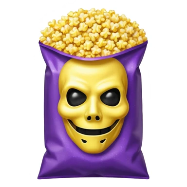 Glitter purple and yellow popcorn with ghostface mask in packaging sticker