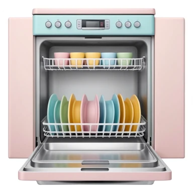 claymation style dishwasher with open door and clean dishes inside, pastel colors, visible fingerprints, soft matte finish sticker