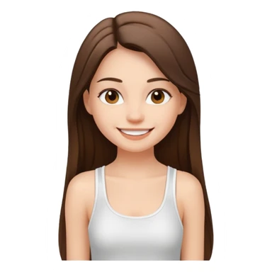a pretty bratz fair girl with straight brunette long hair, wearing a white thin strap trap tank top, smiling sticker