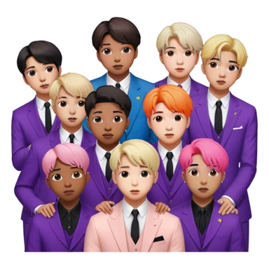 Cinematic Realistic group portrait of BTS featuring all 7 members in stylish modern attire, with detailed facial expressions and vibrant colors, captured in dynamic, contemporary lighting that emphasizes their global pop icon status sticker