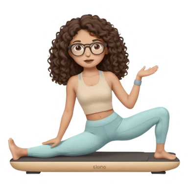 Memoji-stylegirl with long dark brown curly hair, round glasses, large brown eyes, soft rounded face, warm beige skin tone, wearing neutral Pilates activewear, calm wellness aesthetic, pastel colors, sticker-style digital illustration, smooth shading, white outline,reformer pilates doing. sticker
