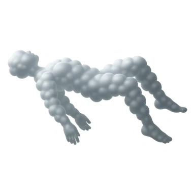 side view of unconscious person flying torso up, legs and arms down, made of small very bright white fluffy convex clouds with silvery tint, matte glass style sticker