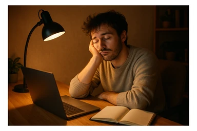 tired blogger with a laptop, head resting on hand, sleepy expression, open notebook, cozy workspace, soft lighting sticker