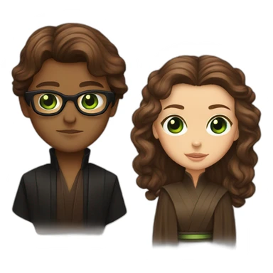 anakin with glasses and padme with green eyes, long brown hair sticker