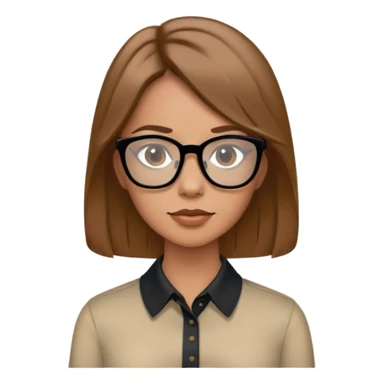 Female with medium length light brown hair wearing collar shirt and black glasses sticker