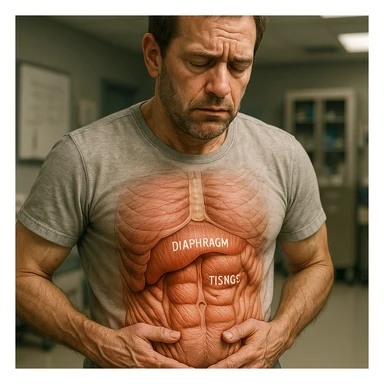 man with diaphragm blocked due to stress, hyper realistic style, anatomical details, evidence of muscle tension in abdomen, tired expression, medical environment, realistic atmosphere sticker