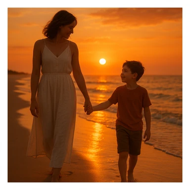 A mother and son walking hand in hand at the beach during sunset, warm colors, peaceful atmosphere sticker