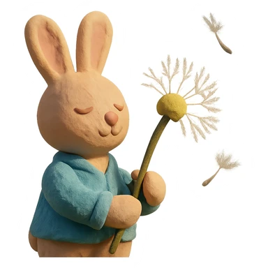 bunny holding a dandelion in the breeze, gentle spring vibe, soft pastel colors, claymation style sticker