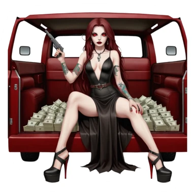 Lilith symbol red eye seductress evil long brown haired sexy succubus woman with leather long dress with slit, sitting in Big Large F350 pickup truck. Black Platform high heels on feet. Tattoo sleeve arms, seat full of stacks of cash, and a man dead human skull of her enemies and a gun in other hand sticker
