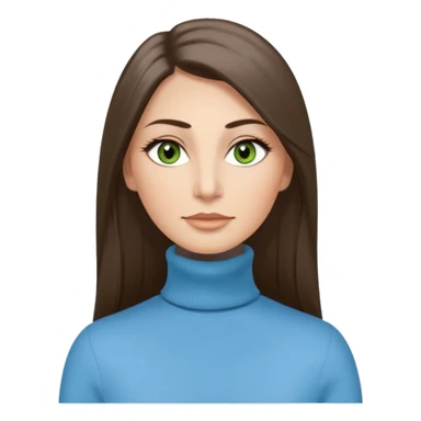 43 year old Adult woman avatar, light skin tone, long, oval face, long straight ashy brown hair, green almond-shaped eyes with dramatic eyelashes and minimal eyeliner, neutral mouth, medium straight eyebrows, average nose, smooth skin,  sky blue turtle neck  sticker