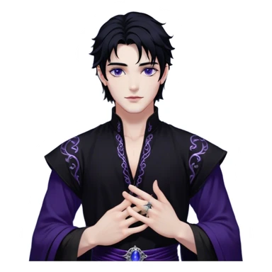 A strikingly handsome High Fae male with midnight-black hair, piercing violet eyes that glow under the moonlight. His lips curve into a knowing smirk, revealing a dangerous charm. He wears an elegant black tunic with silver embroidery, the fabric flowing like liquid shadow. A silver ring glints on his long fingers, and faint wisps of darkness swirl around his shoulders like living mist sticker