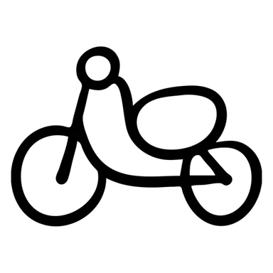 Hand-drawn motorcycle, simple side view with visible wheels, handlebars, and seat sticker