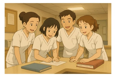 Four nursing students modeled after photos, collaborating in a care station with team spirit, Ghibli style. White uniforms with V-neck tunics, short sleeves, left chest pocket, no classic collar, no accessories or clothing under sleeves. Soft hospital decor and spirit of mutual aid. sticker
