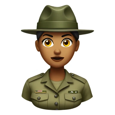 a female drill sergeant character wearing a classic sergeant hat and a camouflage army shirt. The character should have an angry intense expression. full torso sticker