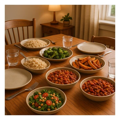 table set with moderate portions, fiber and protein-rich dishes, no refined sugars, cozy atmosphere, realistic details, family dining room background sticker