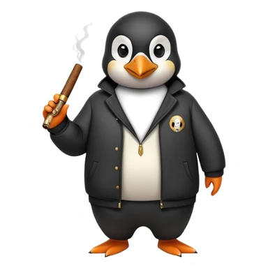 friendly anthropomorphised penguin wearing a mafia-style tracksuit, holding a cigar, secretive scheming pose, soprano vibe sticker