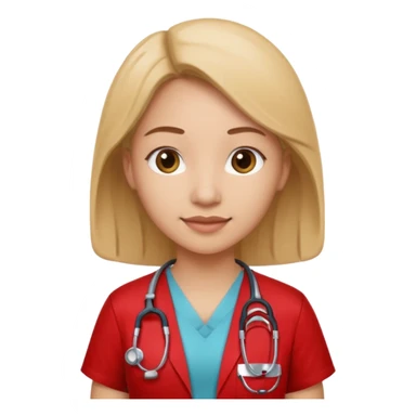 Medical assistant wearing redish scrubs with sethscope  sticker