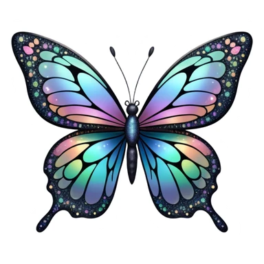Pastel sparkly black glittery iridescent rainbow transparent butterfly with detailed intricate patterns sticker