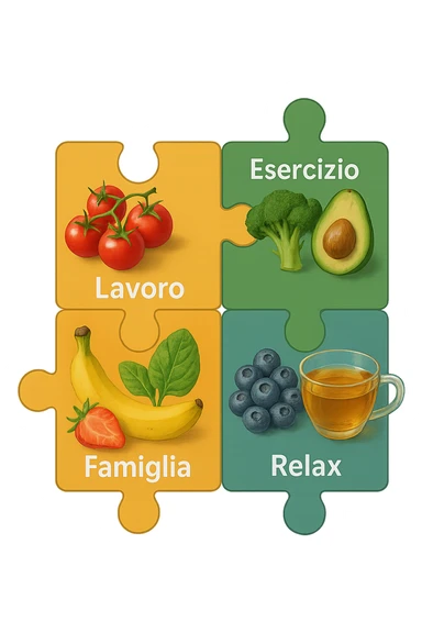 Puzzle (Lavoro, Esercizio, Famiglia, Relax), and healthy foods are integrated into each piece. in italiano sticker