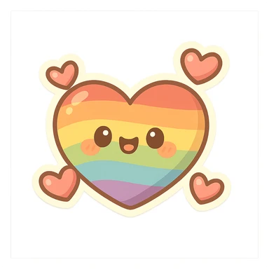chibi sticker-style rainbow heart with three hearts, cute and exaggerated sticker