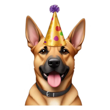 German shepherd tan Pitt bull ears mixed dog wearing birthday hat sticker