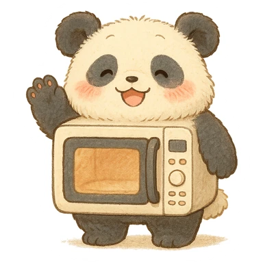 chibi-style microwave oven transformed into a soft, fluffy panda, blushing and waving happily, soft pastel colors, full-body sticker
