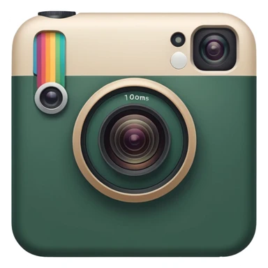 Instagram logo in iOS style, dark green base with light beige accents, square with rounded corners, large camera lens, minimalism, no other colors sticker