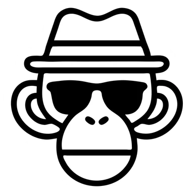 monkey with a fedora and sunglasses, outlined icon, black and white, minimalistic sticker