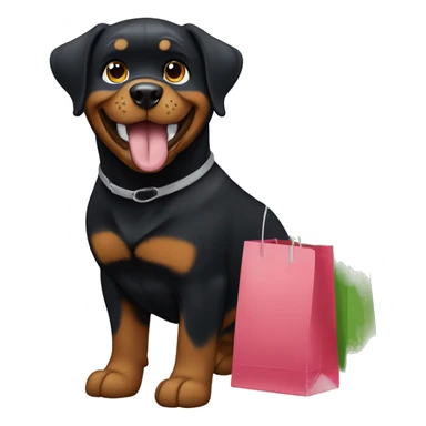 Pretty happy rottweiler girl with shopping bags. The bags say “fressnapf” sticker