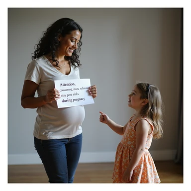 realistic pregnant woman in 4K showing a sign to a little girl and explaining: 'Attention, consuming raw salmon may pose risks during pregnancy' sticker