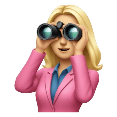 white female employee with pretty face and loose blonde hair wearing intensive color pink suit looking in binoculars. Upper-body only. sticker