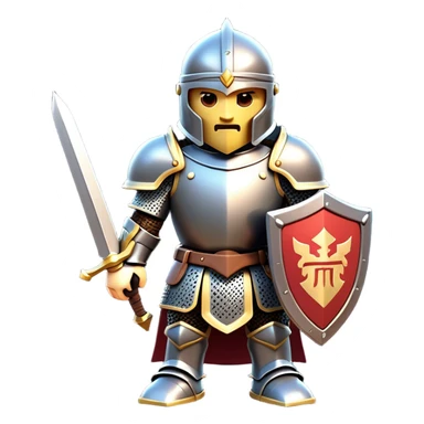 Clash of Clans aesthetic: Cinematic Playful Armored Knight Hero Emoji, rendered in a 3D vector-style similar to standard emojis with minimal shading and bold, simplified shapes. A compact, isometric warrior clad in gleaming plate armor with intricate heraldic details, softly glowing with a chivalrous medieval charm. Simplified yet unmistakably iconic, highly detailed and consistent, glowing with a soft radiant shine and high polish. Stylized with a touch of noble valor and a soft glowing outline, capturing the essence of a gallant knight ready for honorable battle with a friendly, playful manner! sticker
