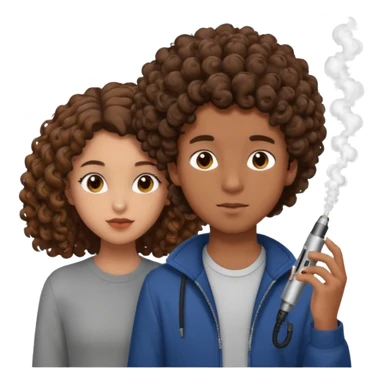 teenage boy with brown skin vaping a brown puff, standing close to a mixed-race girl with beautiful brown curly hair, both look in love, affectionate expression sticker