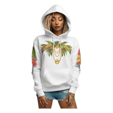 Trendy lady tropical multicoloured baroque hoodie with tattoos and gold chain sticker