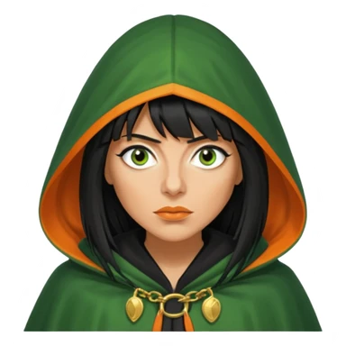 claudia winkleman with a heavy fringe and an orange tan as a traitor with a green hooded cloak with a gold clasp and dark black eyeliner sticker