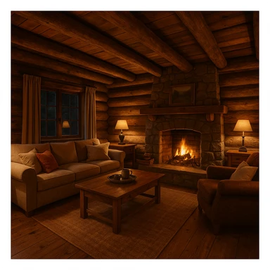 cozy rustic cabin interior with wooden beams, warm lighting, inviting atmosphere sticker