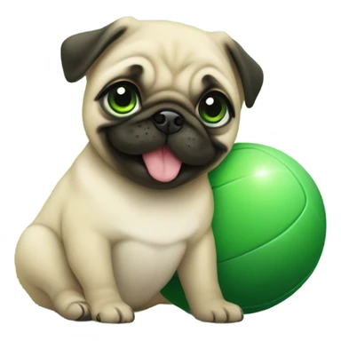 Cute Smiling Baby pug with green eyes playing with a green ball sticker