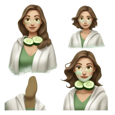 White girl with Brown hair and blue eyes wears a Green colored skincare clay textured mask and puts on cucumbers around her eyes while She relaxes in her white Robe sticker