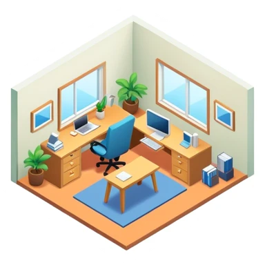An isometric 3D room with two walls that meet at the back left and right and a Window. Home Office sticker
