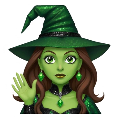 The Wicked Witch from Oz with long brown hair, green skin, black sequin outfit sticker