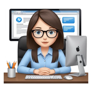 donna occhi azzurri con occhiali, capelli media lunghezza lisci, davanti al pc alla sua scrivania. è una grafica editoriale e redattrice sticker