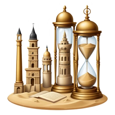 icon featuring ancient scrolls, quill pen with famous historical landmarks and monuments in the background. Large, antique sand clocks with sand pouring out represent the passage of time. Historical figures are depicted as statues. Transparent background. sticker