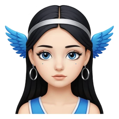 Girl with Black long straight hair with headband black one that puts hair pushed back winged eyeliner both upoer and lower line blue eyeshadow silver hoops  sticker