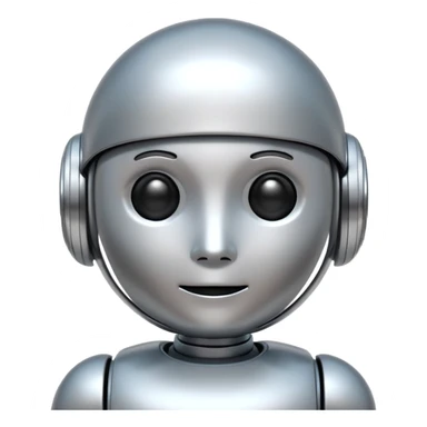 A cute futuristic robot emoji made of silver chrome, rounded friendly body, minimal facial features, glossy metallic surface, soft reflections, iOS emoji style, centered, clean white background sticker