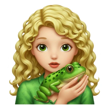 A curly blonde girl kiss a frog sticker