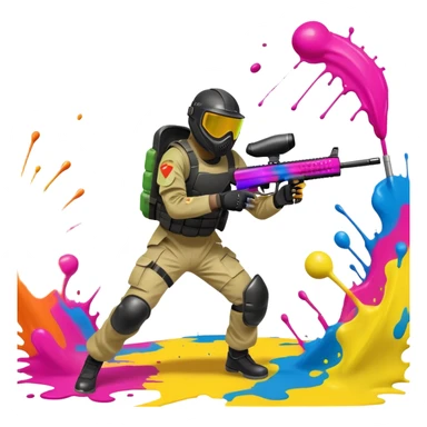 A dynamic scene of a player in action, holding a paintball gun and wearing protective gear. The background shows a vibrant paintball field with obstacles, colorful splatters of paint in the air, and an intense, competitive atmosphere. sticker